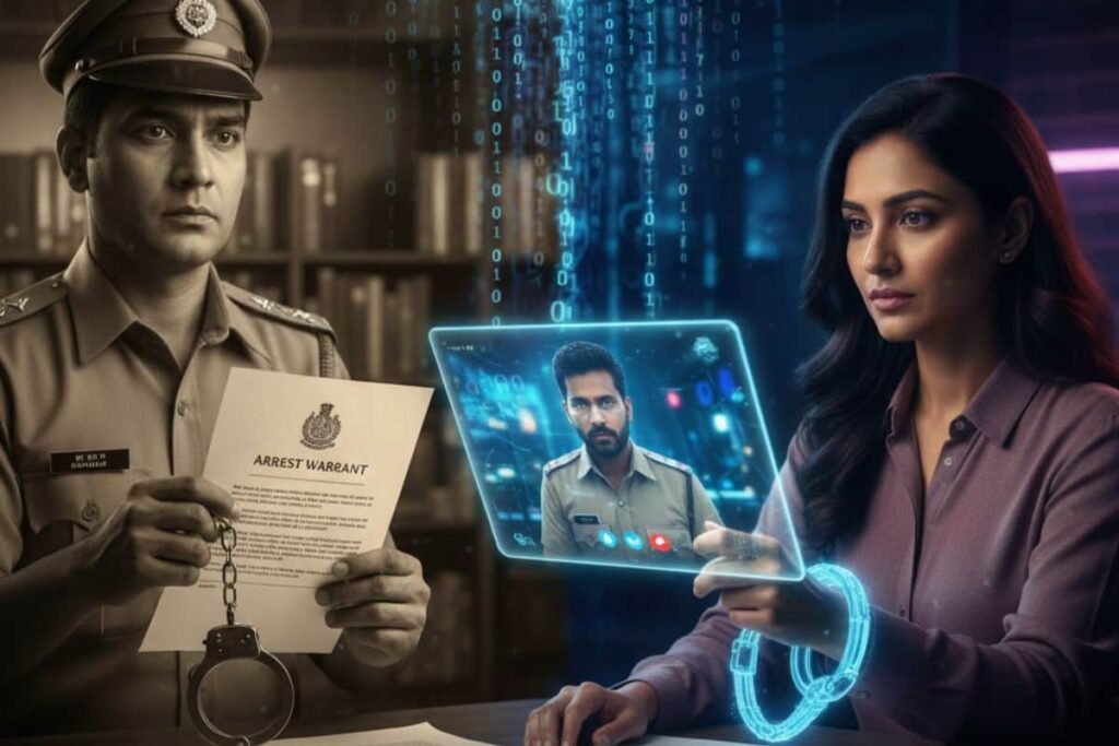 मोबाइल फोन पर फर्जी पुलिस अधिकारी के वीडियो कॉल से डरी हुई एक महिला, जो डिजिटल अरेस्ट क्या है और इस साइबर फ्रॉड के खतरे को दर्शाती है।