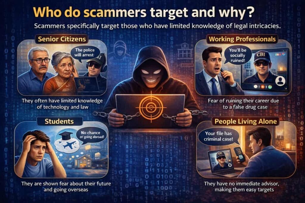 डिजिटल अरेस्ट फ्रॉड में ठग किन लोगों को निशाना बनाते हैं, यह दिखाती इमेज जिसमें वरिष्ठ नागरिक, नौकरीपेशा लोग, छात्र और अकेले रहने वाले व्यक्ति साइबर ठगी के शिकार बनते हुए दर्शाए गए हैं।